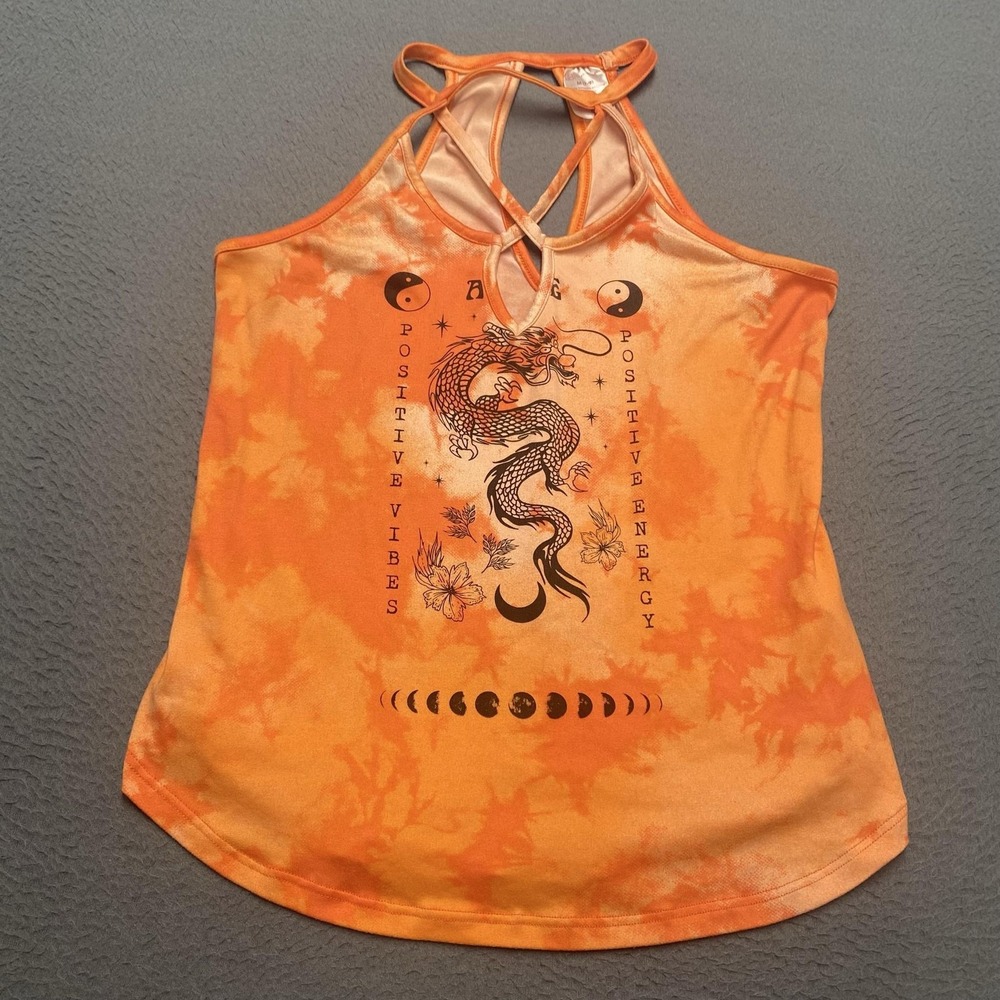 No Boundaries Tank Top Juniors Medium Orange Tie Dye Dragon Positive Halter
